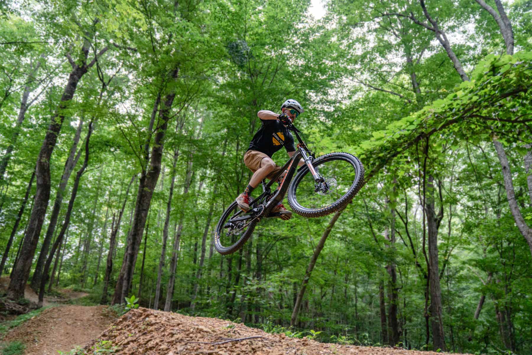 Mountain Biker racing through the woods on a trail.