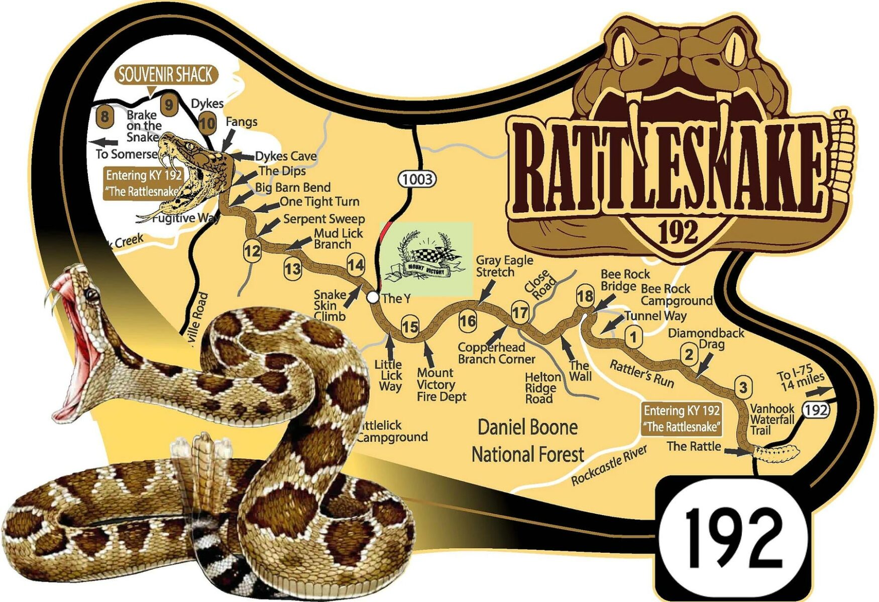 Map graphic of the road route with a rattlesnake illustration.