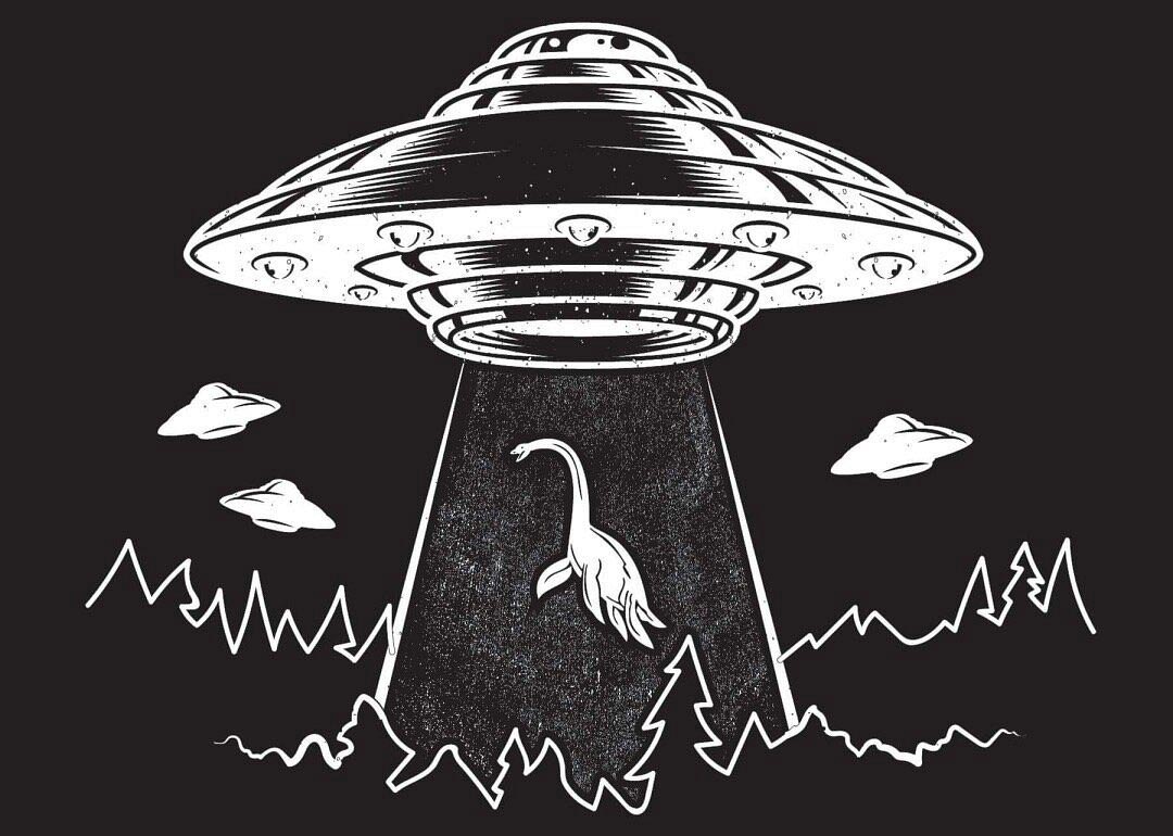 drawing of a dinosaur being beamed up to a flying saucer